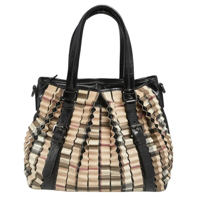 Pre-owned Burberry Black/beige House Check Pvc And Patent Leather Lowry Ruffled Tote