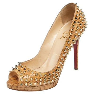 Pre-owned Christian Louboutin Beige Cork Spike Peep Toe Platform Pumps Size 37.5