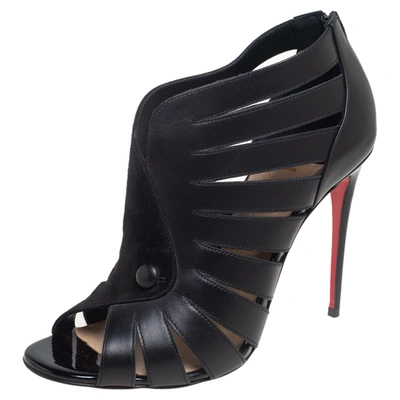 Pre-owned Christian Louboutin Black Leather And Suede Cut-out Open Toe Ankle Booties Size 37.5