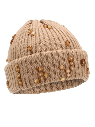 Burberry Warm Camel Rib Knit Wool Embellished Beanie In Yellow