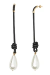 BURBERRY BURBERRY FAUX PEARL DETAIL KNOTTED LEATHER CORD DROP EARRINGS