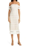 LIKELY MILARO OFF THE SHOULDER LACE MIDI DRESS
