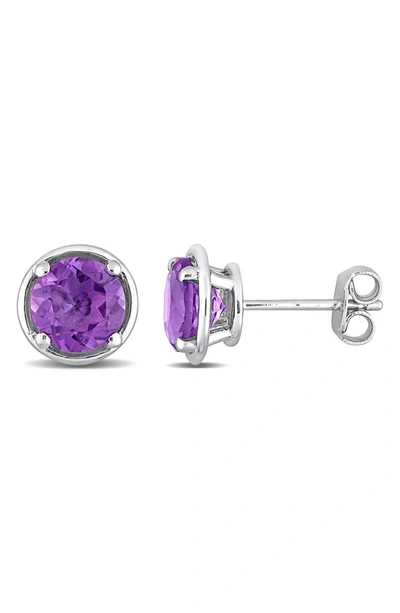 Delmar Sterling Silver Bezel Round Amethyst Stud Earrings In Purple