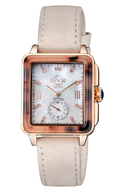 Gevril Gv2 Bari Tortoise Swiss Quartz Diamond Leather Strap Watch, 30mm X 34mm In Beige