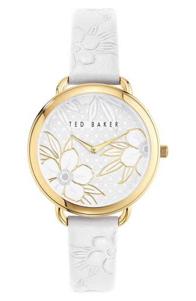 Ted Baker Hettie Leather Strap Watch In White/ Floral/ Gold