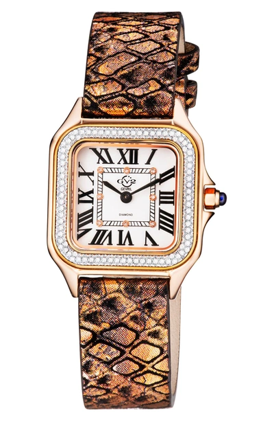 Gevril Milan Diamond Swiss Quartz Embossed Leather Strap Watch, 27.5mm In Rose