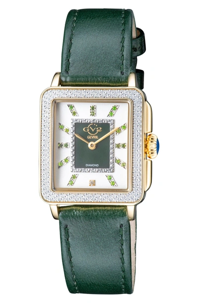 Gevril Padova Gemstone Leather Strap Square Watch, 27 Mm X 30 Mm In Green