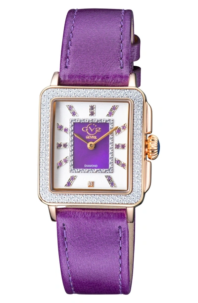Gevril Padova Gemstone Leather Strap Square Watch, 27 Mm X 30 Mm In Purple