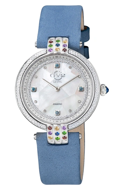 Gevril Matera Gemstone Diamond Suede Strap Watch, 35mm In Blue