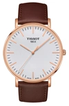 Tissot Everytime Leather Strap Watch, 42mm In Brown/ Silver/ Rose Gold