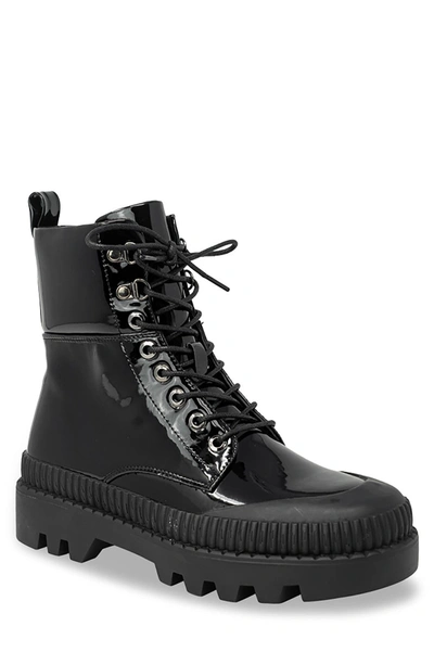 Chase & Chloe Chelsey Patent Lug Sole Combat Boot In Black Patent