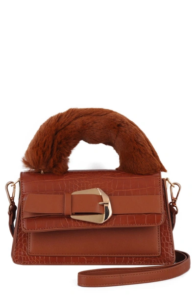 Most Wanted Usa Buckle Faux Fur Handle Pu Tote Bag In Tan