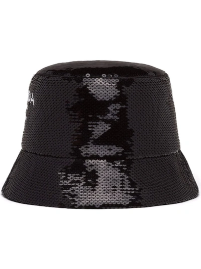 Prada Black Logo Sequinned Bucket Hat In Nero+bianco