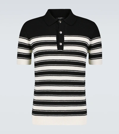 Balmain Intarsia-logo Striped Polo Shirt In Black