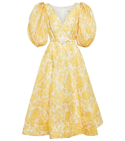 Zimmermann Postcard Belted Floral-print Linen And Silk-blend Midi Dress In Yellow,white