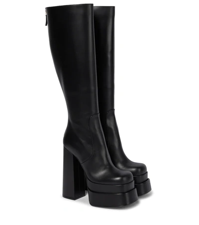 Versace Leather Platform Knee-high Boots In Nero-oro