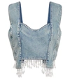 Ganni Cropped Bead-embellished Organic Denim Top In Tint Wash