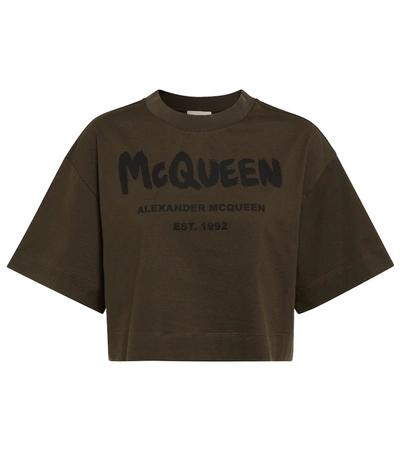 Alexander Mcqueen Grafitti-logo Cropped T-shirt In Green
