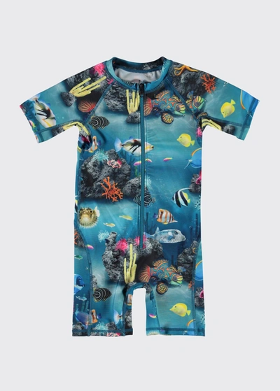 Molo Kids' Girl's Neka Underwater Print Zip-front Short-sleeve Swimsuit In Ocean Living