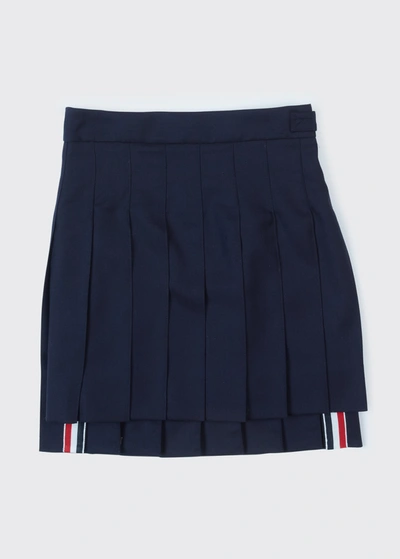 Thom Browne Kids' Navy Super 120s Twill Wool Pleated Mini Skirt In Blue