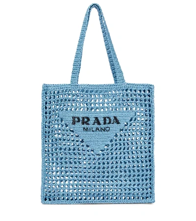 Prada Logo Raffia-effect Shopper In Celeste