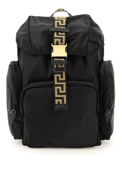 Versace Greca-print Buckled Backpack In Black