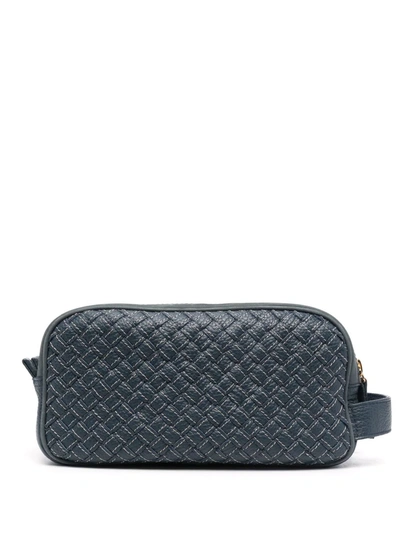 Eleventy Woven Leather Wash Bag In Blue