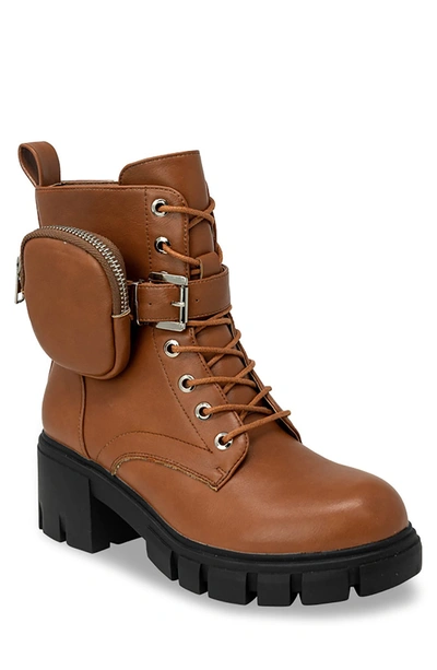 Chase & Chloe ́ Side Pocket Combat Boot In Cognac Pu