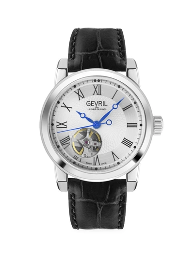GEVRIL MEN'S MADISON SWISS AUTOMATIC STAINLESS STEEL & LEATHER STRAP WATCH
