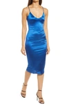 BEBE STRAPPY BACK SLEEVELESS SATIN MIDI DRESS