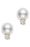 MIKIMOTO CULTURED PEARL & DIAMOND STUD EARRINGS