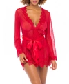 Oh La La Cheri Plus Size Eyelash Lace 2pc Lingerie Set, Robe With Satin Sash And G-string In Red
