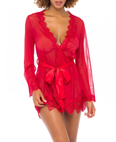 Oh La La Cheri Eyelash Lace Robe With Satin Sash & Thong 2pc Lingerie Set In Red