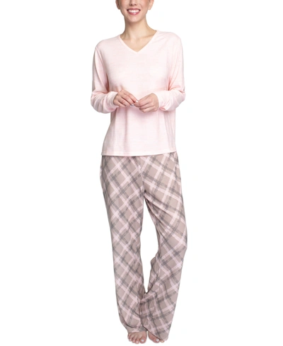 Muk Luks Butter-knit V-neck & Flare-leg Pants Lounge Set In Pink Plaid