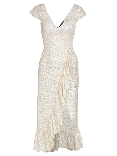 Frederick Anderson Chantilly Lace Surplice Midi Dress In Gold White