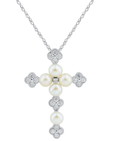 Honora Cultured Freshwater Pearl (3-1/2 - 4mm) & Diamond (1/5 Ct. T.w.) 18" Cross Pendant Necklace In 14k W In White Gold