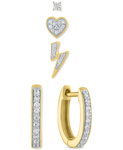 Macy's 4-pc. Set Diamond Single Stud Earrings & Hoop Earrings (1/5 Ct. T.w.) In 14k Gold-plated Sterling Si In Gold-plated Sterling Silver