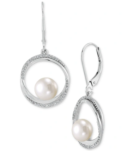 Honora Cultured Freshwater Pearl (7mm) & Diamond (1/6 Ct. T.w.) Circle Drop Earrings In 14k White Gold