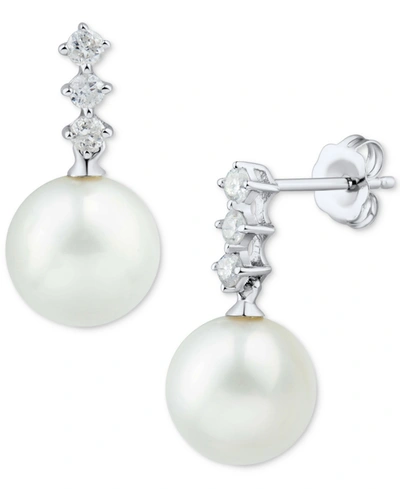 Macy's Cultured Freshwater Pearl (8mm) & Diamond (1/5 Ct. T.w.) Drop Earrings In 14k White Gold