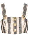 Balmain Cotton Blend Piqué Crop Top W/ Buttons In Neutrals