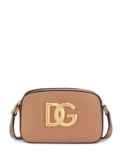 Dolce & Gabbana Beige Leither Crossbody Bag Wht Logo Plaque In Pink