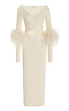 Lapointe Ostrich Feather Trim Long Sleeve Crossover Cutout Midi Dress In White