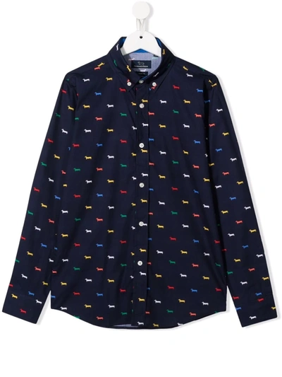 Harmont & Blaine Junior Teen Dog-print Buttoned-collar Shirt In Blue