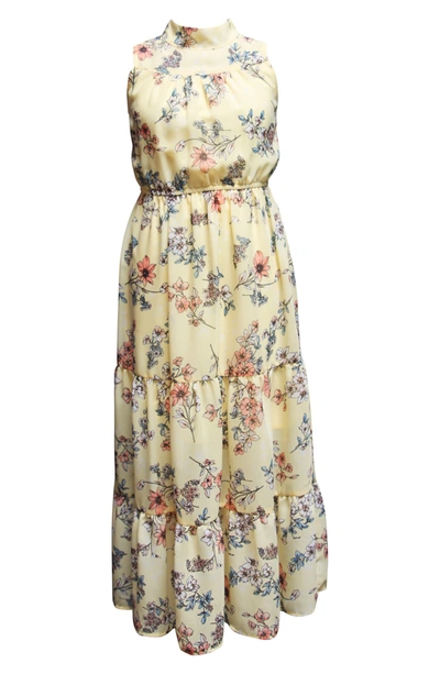 Ava & Yelly Kids' Ava And Yelly Floral Mock Neck Tiered Maxi Dress In Yellow