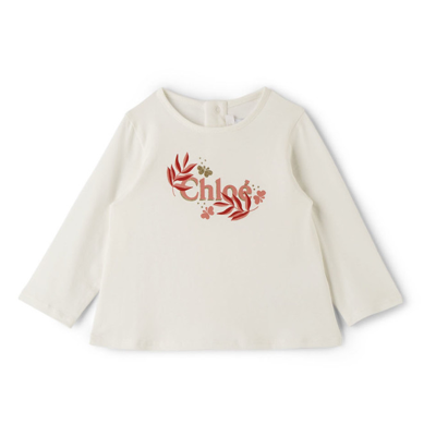 Chloé Kids' Baby White Plants Logo Long Sleeve T-shirt