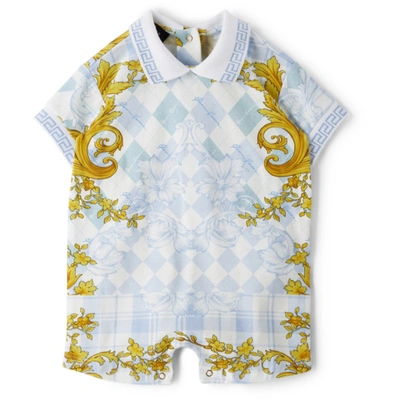 Versace Baby Blue Barocco Argyle Romper In Light Blue Gold