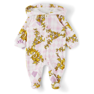 Versace Baby Pink Terrycloth Barocco Argyle Bodysuit In 5p060 Pink+gold