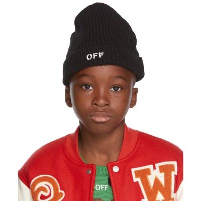 Off-white Kids' Embroidered Logo Cotton Beanie Hat In Black