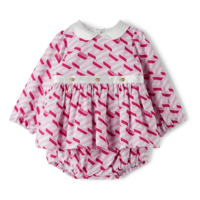 Versace Babies' La Greca Monogram Print Long Sleeve Dress In Fuxia Pink