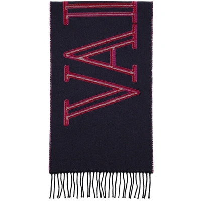 Valentino Navy & Pink Virgin Wool 'vltn' Scarf In Navy/neon